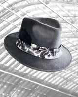 St Pancras - Pale Grey Trilby with Feather and Soft Fabric Trimmings