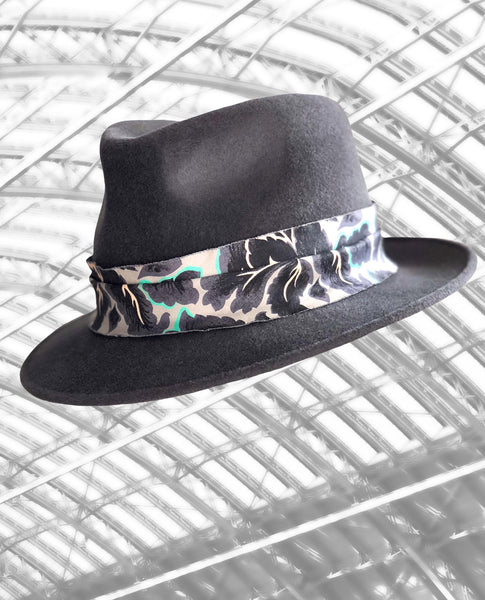 St Pancras - Pale Grey Trilby with Feather and Soft Fabric Trimmings
