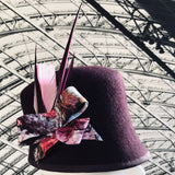 St Pancras - Mulberry Cloche with Abstract Bow and Feather Trimmings
